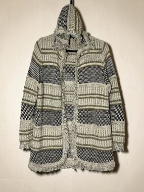 FYLO LONDON Hooded Fringe Cardigan Knit Open Front Sweater Boho Women's M
